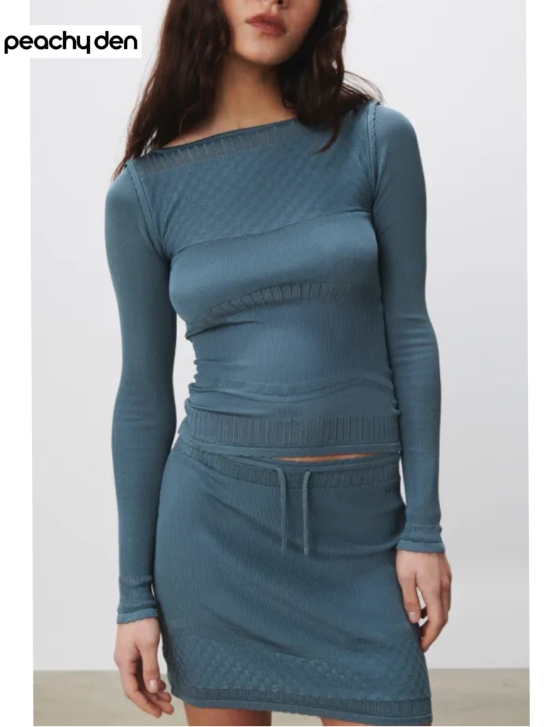 Peachy Den Elsa Knit Top S Petrol Blue Long Sleeve Textured Pointelle London